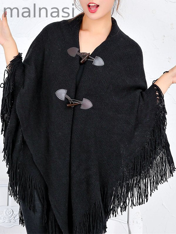 Loose Buttoned Keep Warm Tasseled Velvet Shawl&Scarf