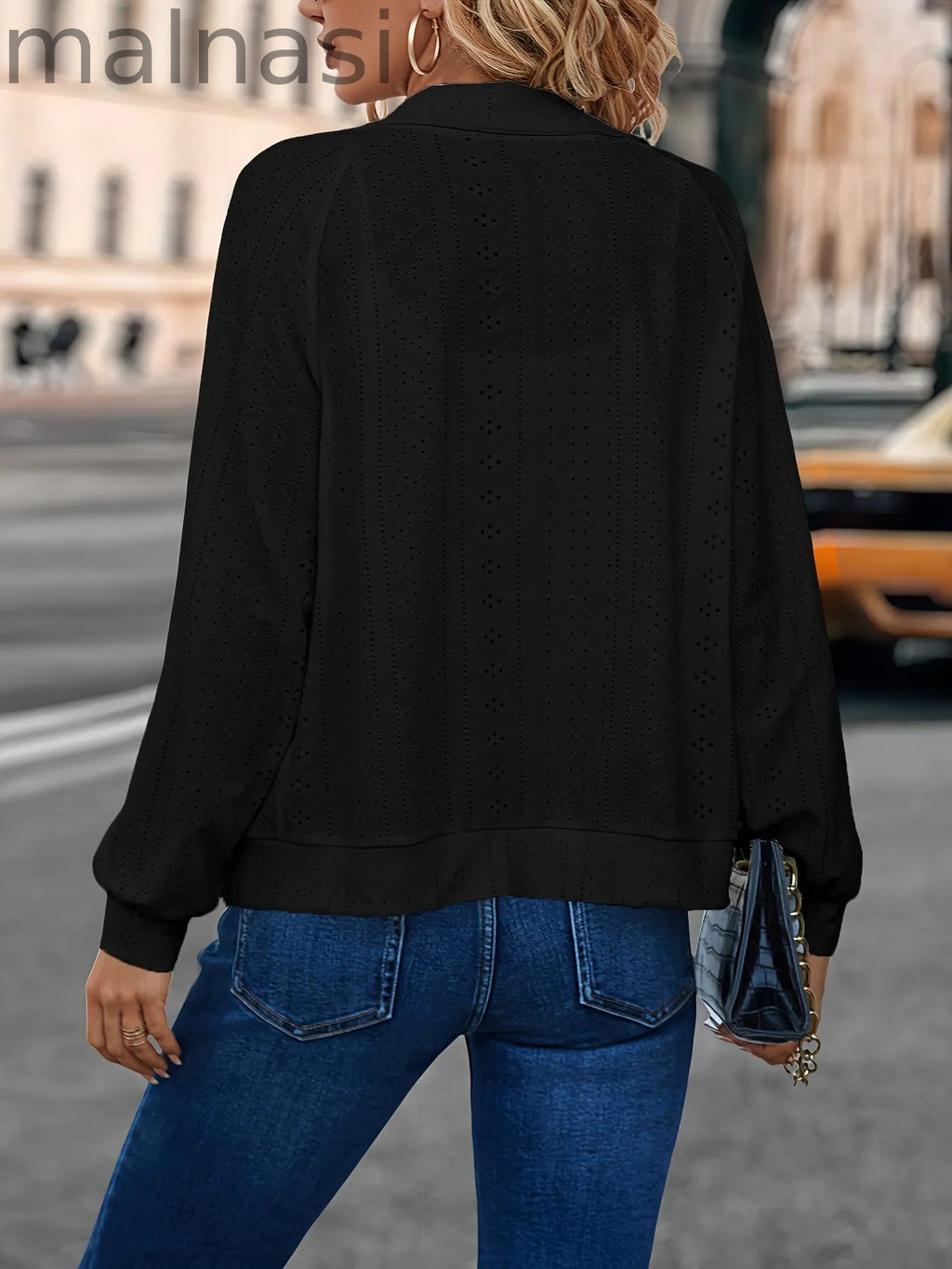 Eyelet Solid Zip Up Jacket, Casual Long Sleeve Comfy Outerwear, Women's Clothing