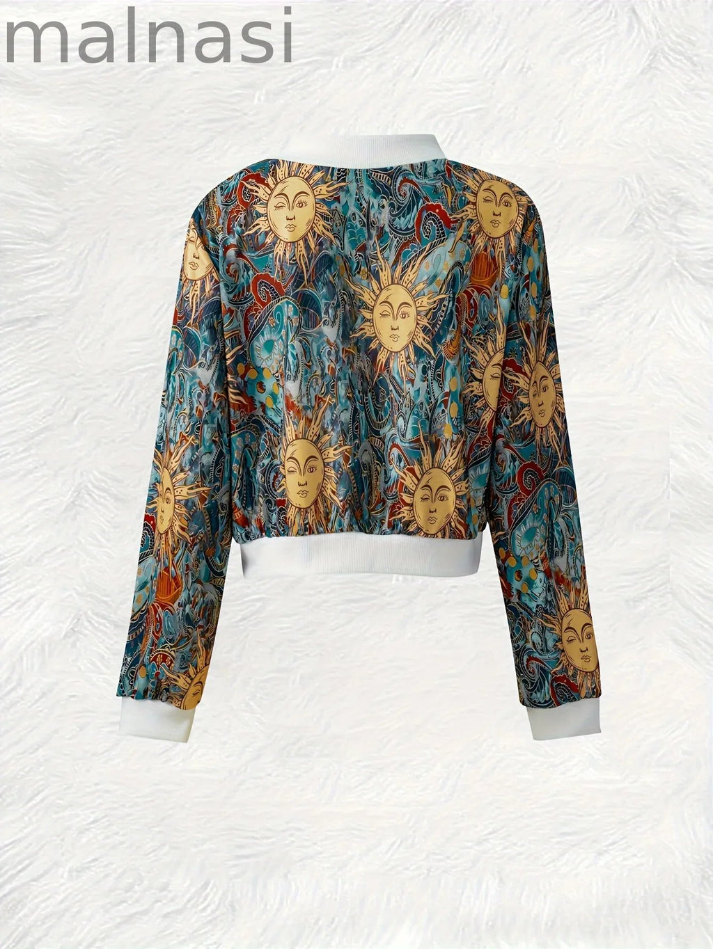 Sun Print Long Sleeve Jacket, Casual Full Zip Jacket For Spring & Fall, Women's Clothing