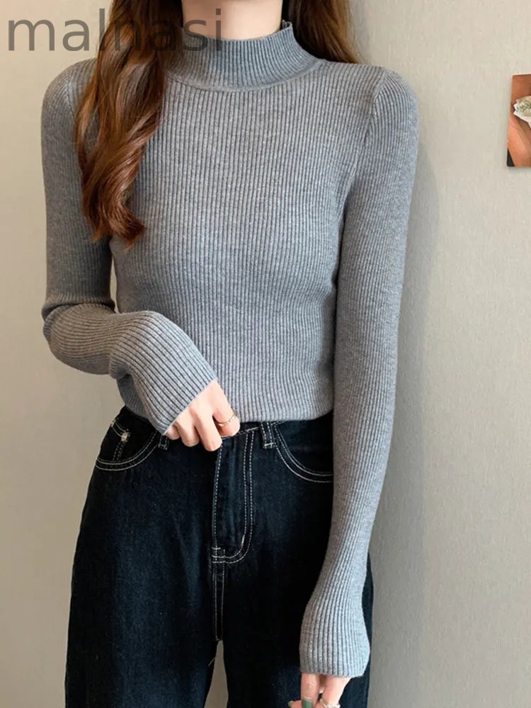 Fashion Long Sleeve Slim High Neck Solid Color Bottom Knit Sweater