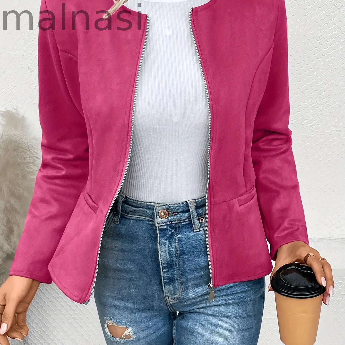 Solid Zip Up Jacket, Casual Long Sleeve Crew Neck Outerwear For Spring & Fall, Women's Clothing