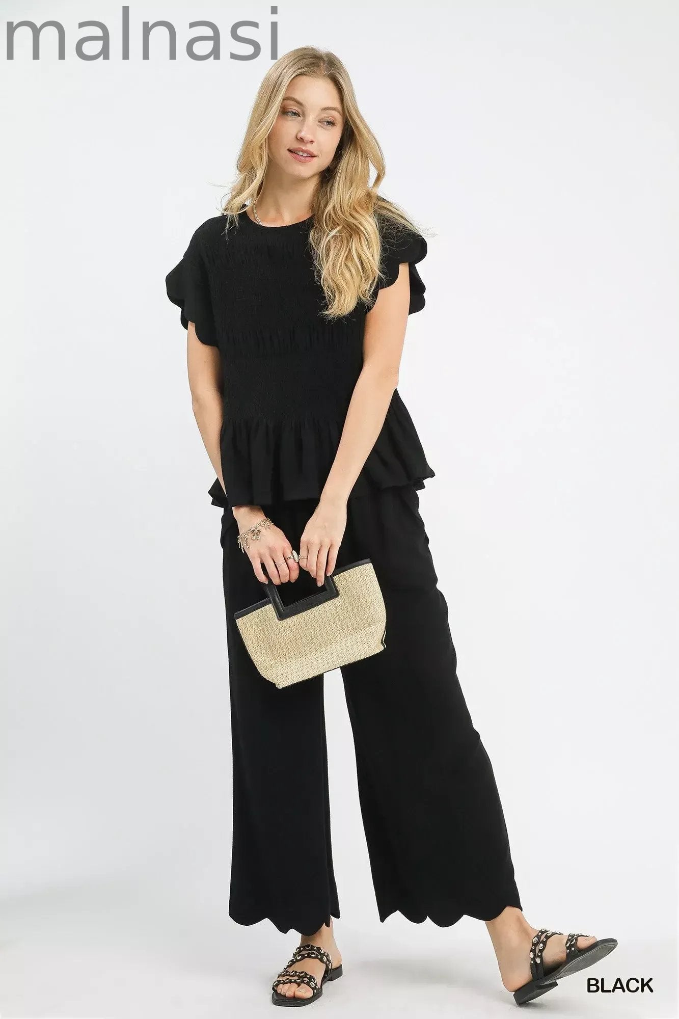 Linen Blend Scallop Hem Wide Leg Pants