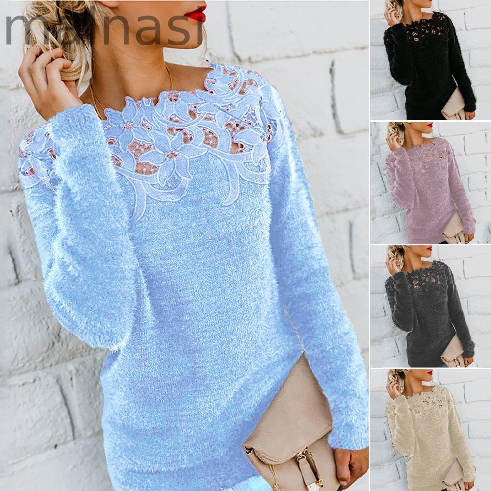 Loose Fashion Solid Color Long Sleeve O Neck Floral Lace Sweater