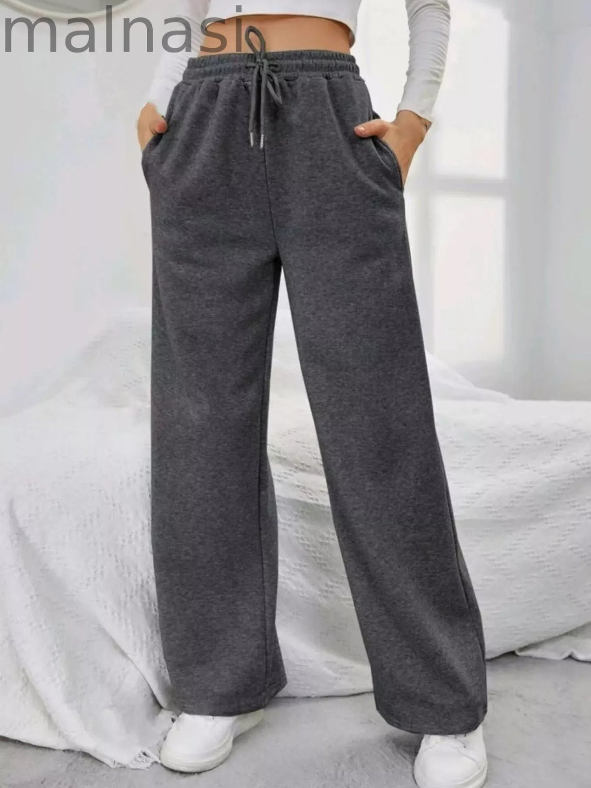 Relaxed Fit Drawstring Waist Solid Pants
