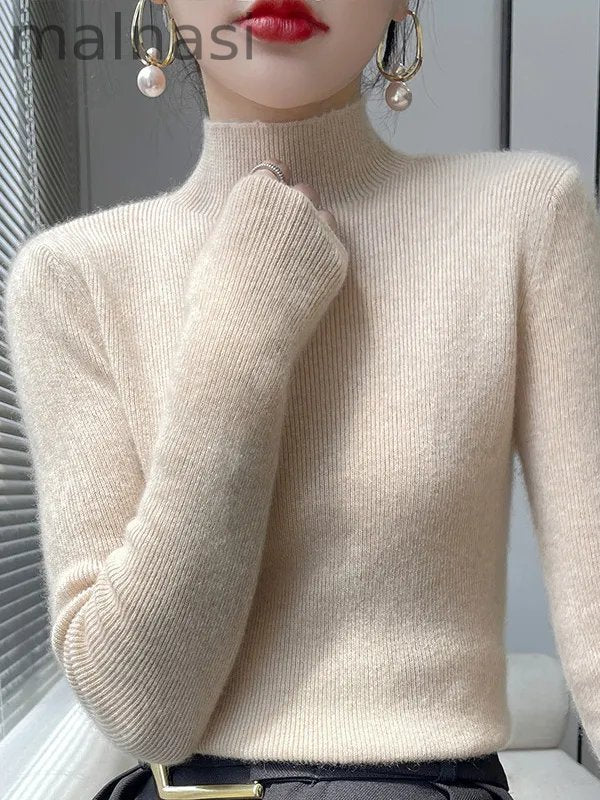 Casual Skinny Long Sleeves Solid Color Half Turtleneck Sweater Tops