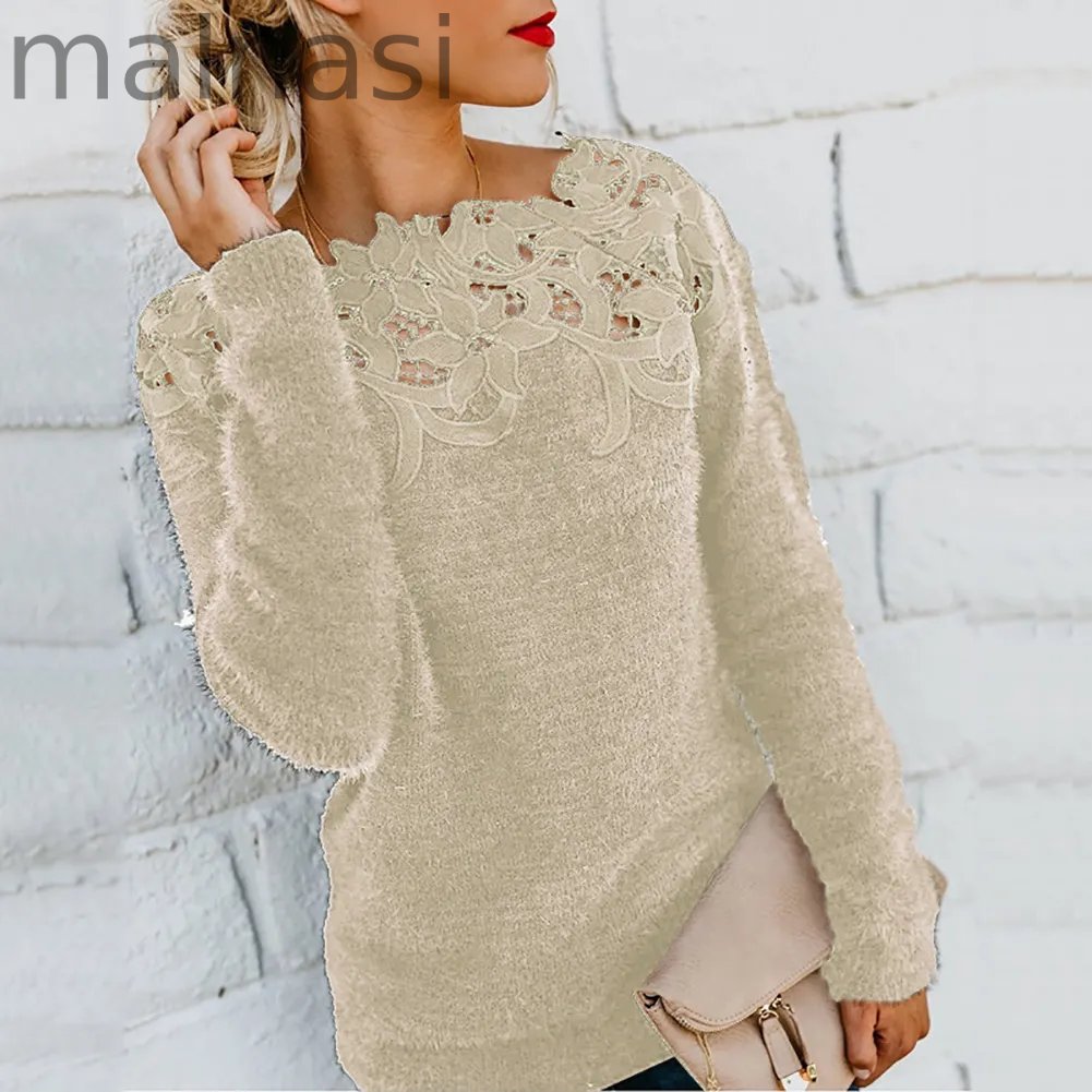 Loose Fashion Solid Color Long Sleeve O Neck Floral Lace Sweater