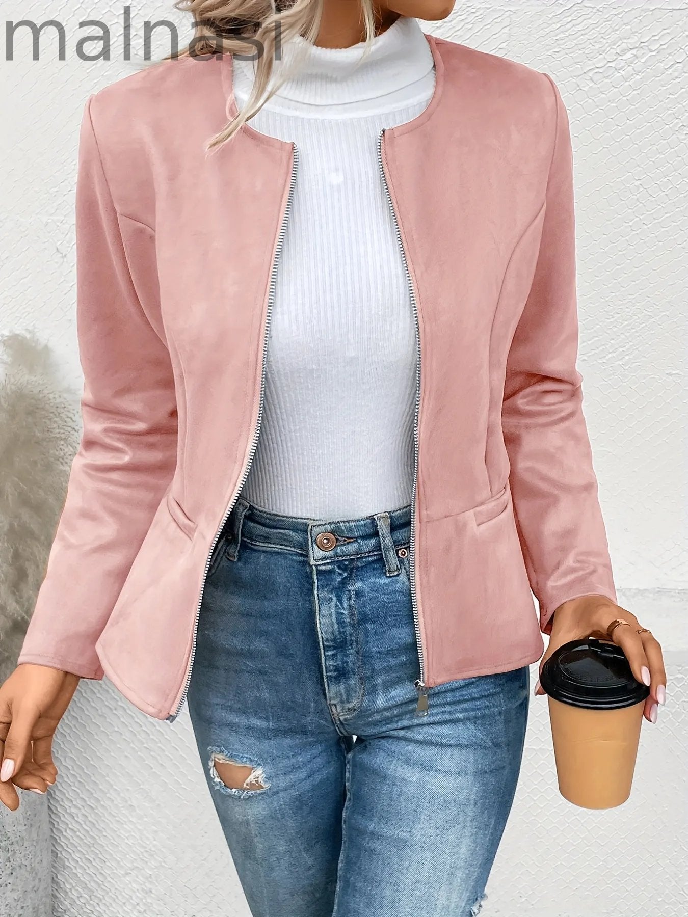 Solid Zip Up Jacket, Casual Long Sleeve Crew Neck Outerwear For Spring & Fall, Women's Clothing