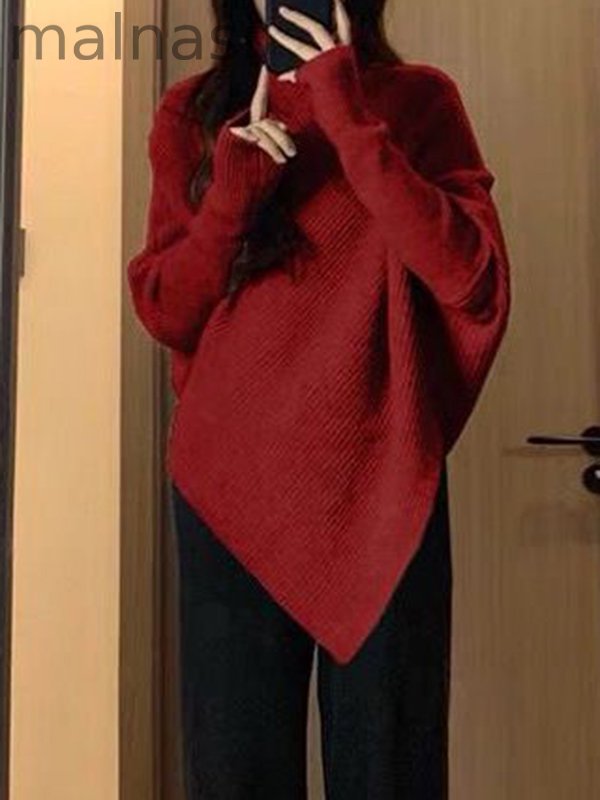 Velvet Solid Color Asymmetric Loose Long Sleeves High Neck Sweater Tops Pullovers Knitwear