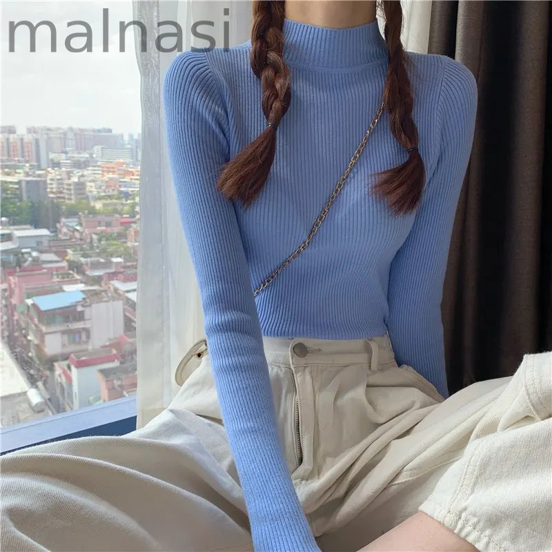 Fashion Long Sleeve Slim High Neck Solid Color Bottom Knit Sweater