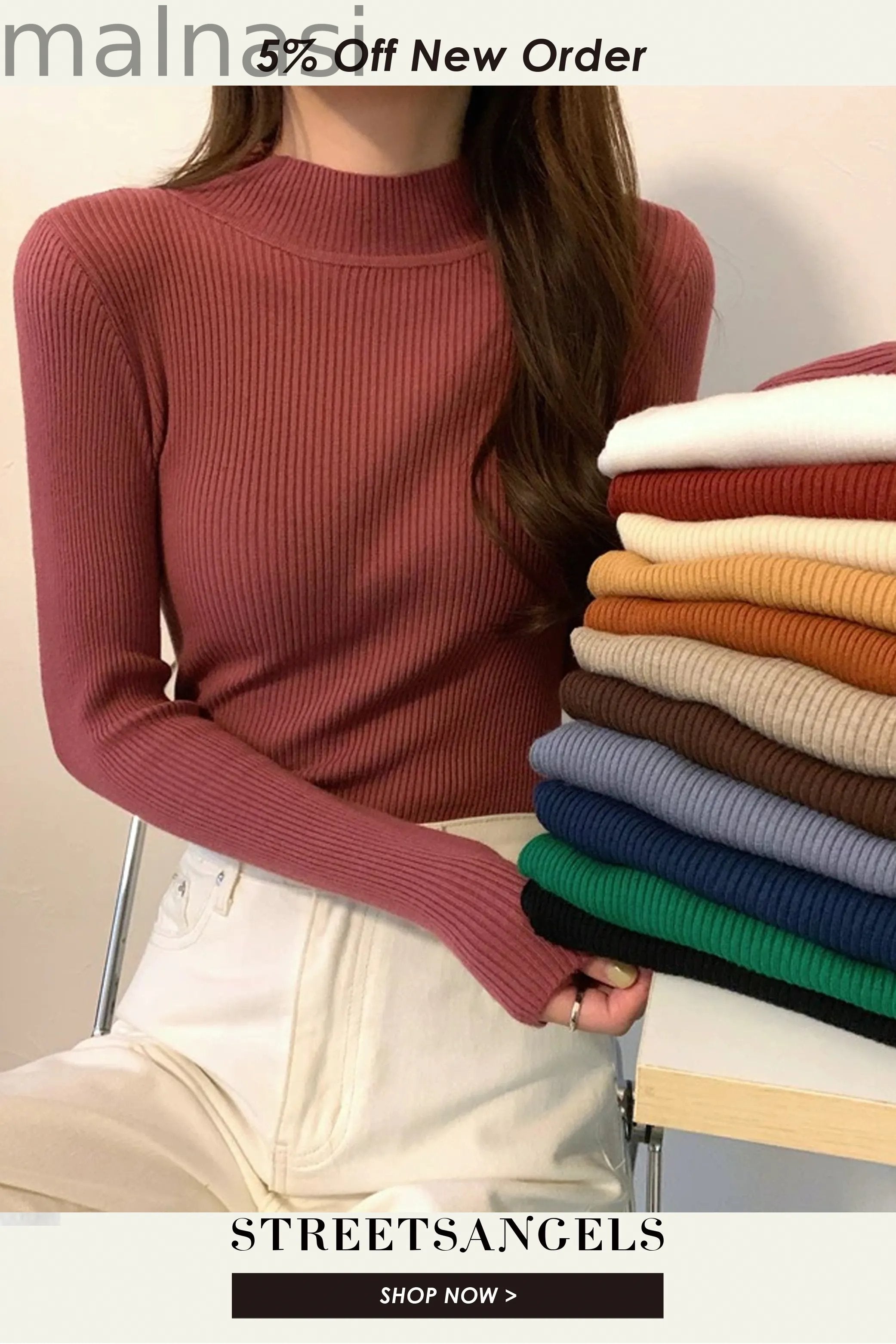 Fashion Long Sleeve Slim High Neck Solid Color Bottom Knit Sweater