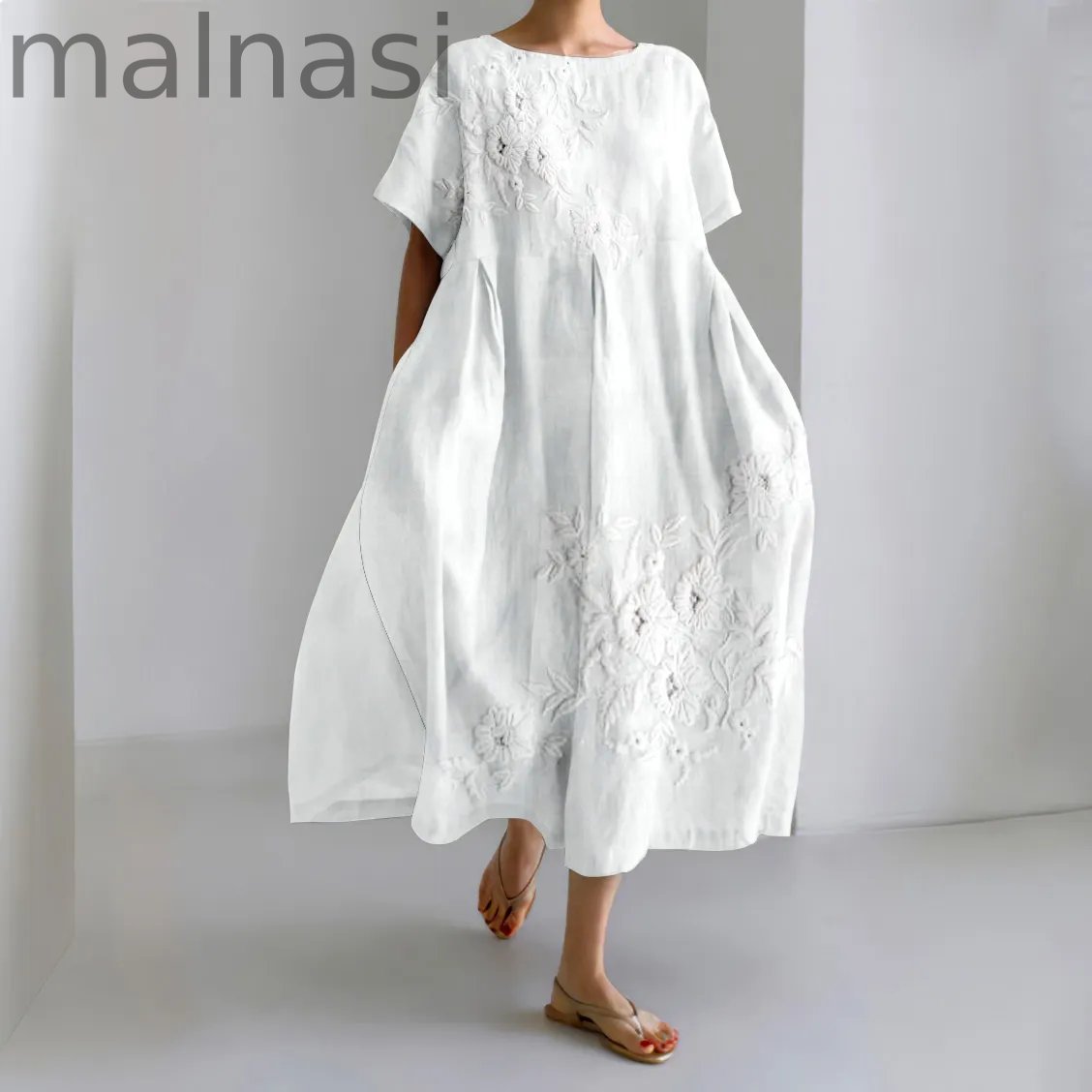Floral Lace Embroidery Art Linen Blend Maxi Dress
