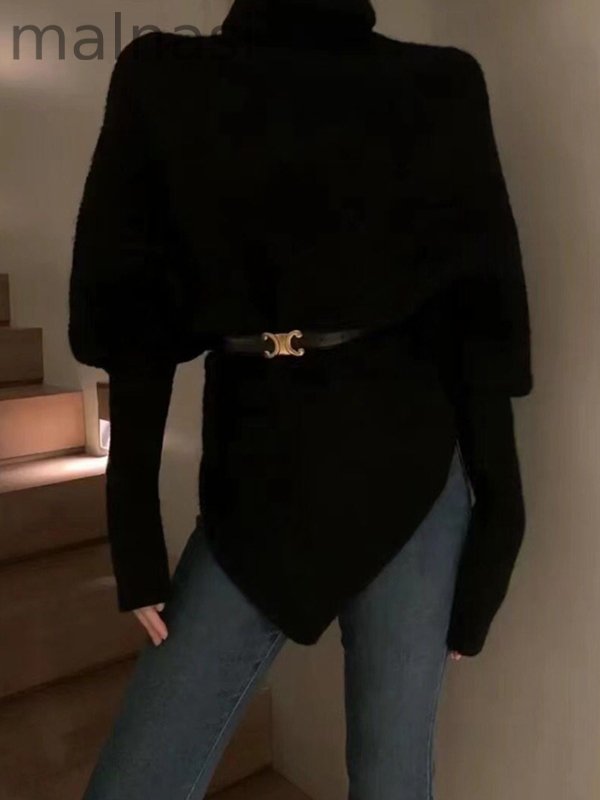 Velvet Solid Color Asymmetric Loose Long Sleeves High Neck Sweater Tops Pullovers Knitwear