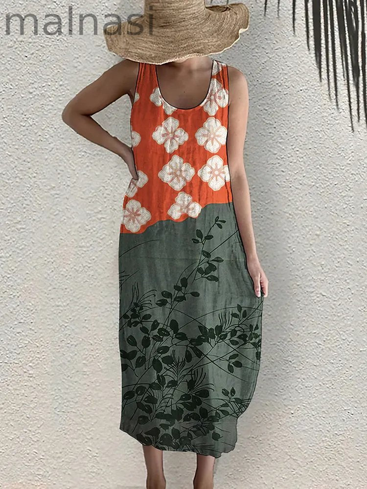 Japanese Art Flower Print Sleeveless Casual Linen Blend Midi Dress