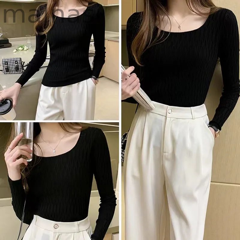Fashion Knitted Bottoming Shirt Square Neck Long Sleeve Solid Color Top