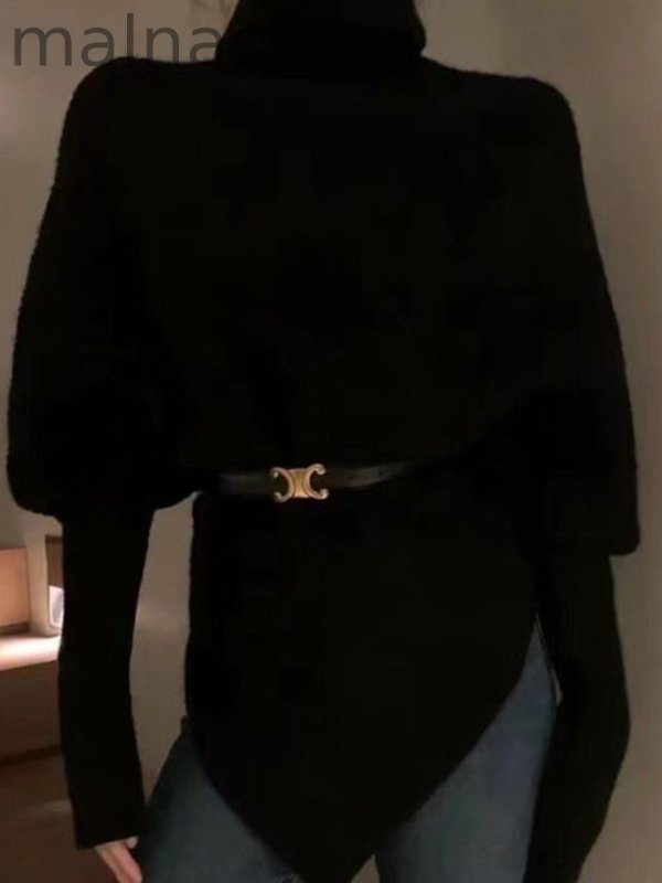 Velvet Solid Color Asymmetric Loose Long Sleeves High Neck Sweater Tops Pullovers Knitwear