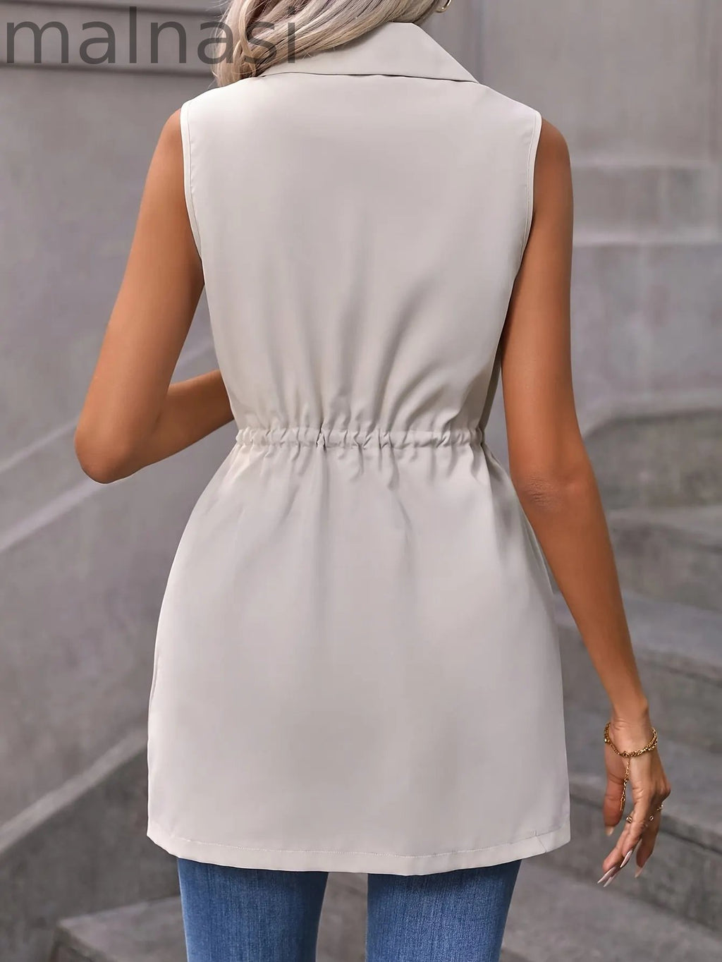 Solid Color Drawstring Vest, Elegant Sleeveless Open Front Vest For Spring & Summer, Women's Clothing
