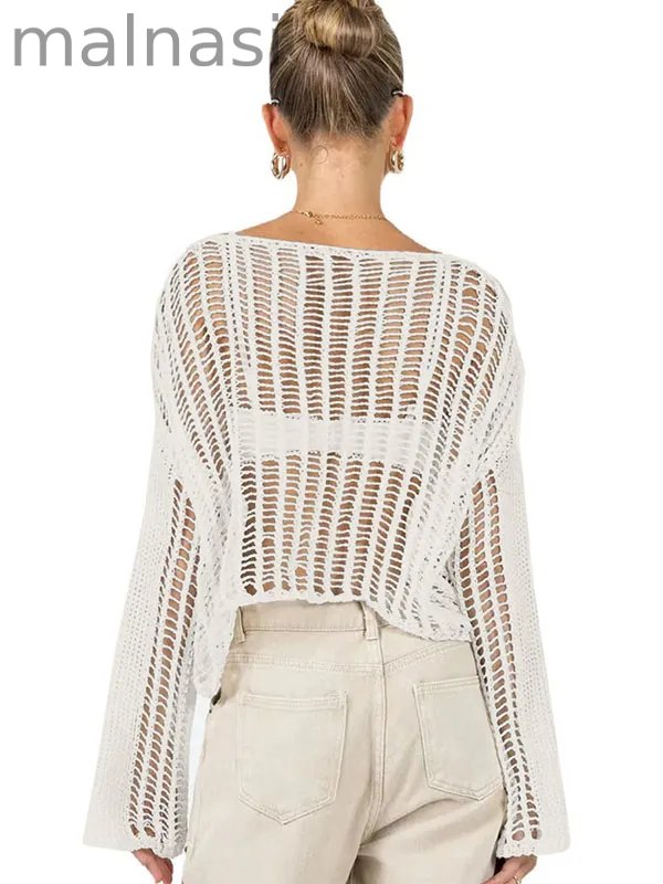 Long Sleeves Loose Hollow See-Through Solid Color Sun protection Round-neck Cover-Ups Tops Knitwear Pullovers