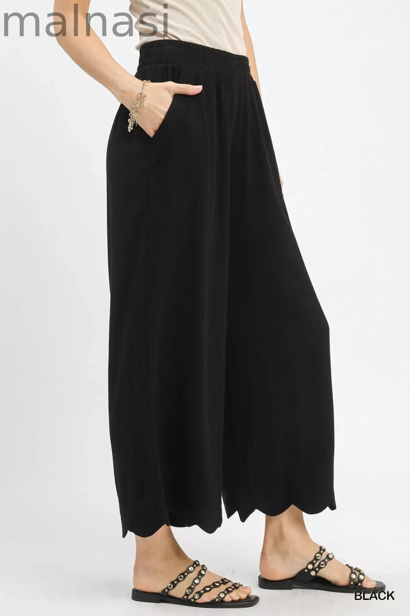 Linen Blend Scallop Hem Wide Leg Pants