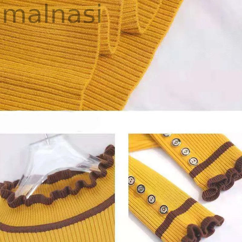 Sleek Button Ruffle Turtleneck Inside Slim Knit Sweaters