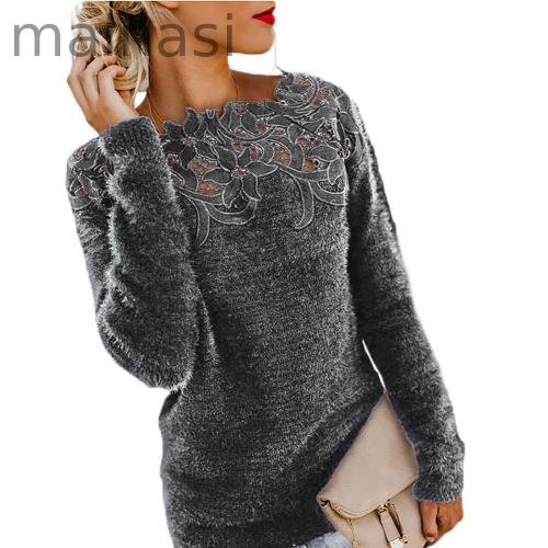 Loose Fashion Solid Color Long Sleeve O Neck Floral Lace Sweater