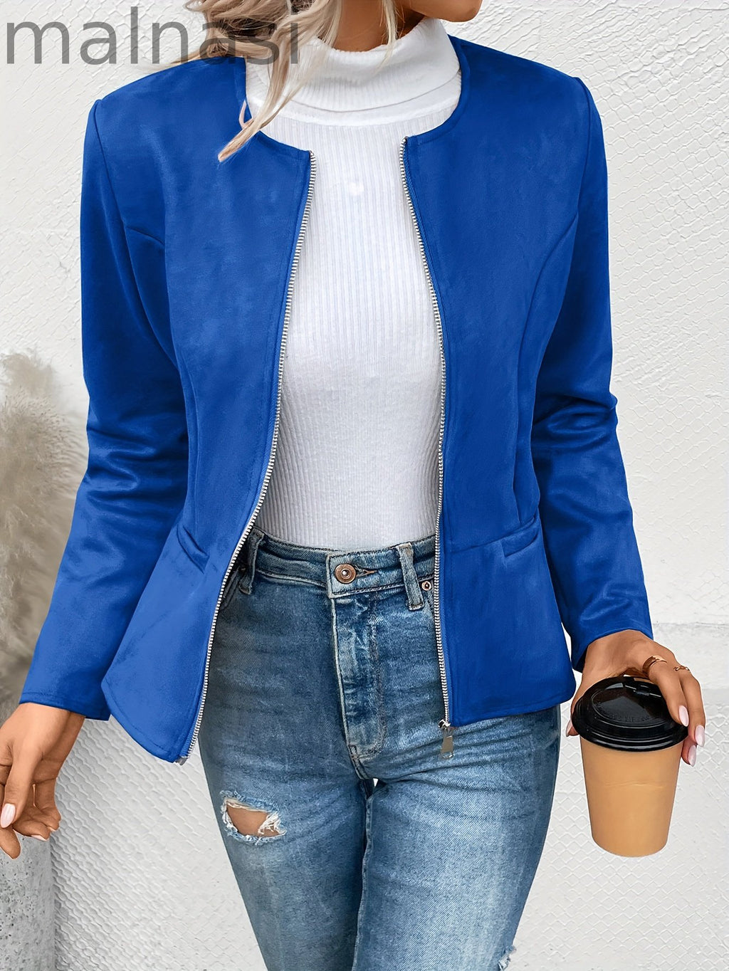 Solid Zip Up Jacket, Casual Long Sleeve Crew Neck Outerwear For Spring & Fall, Women's Clothing