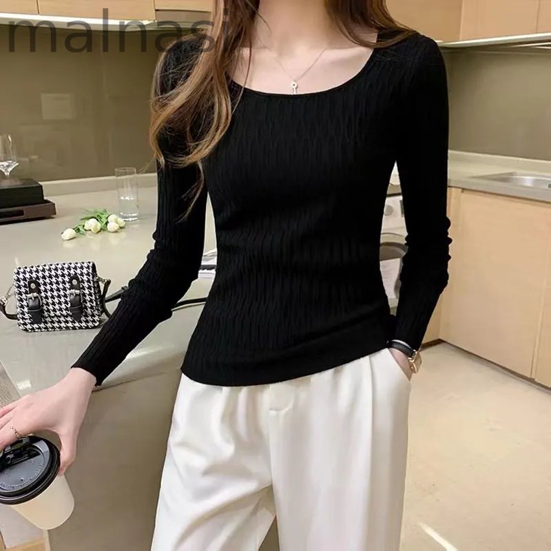 Fashion Knitted Bottoming Shirt Square Neck Long Sleeve Solid Color Top