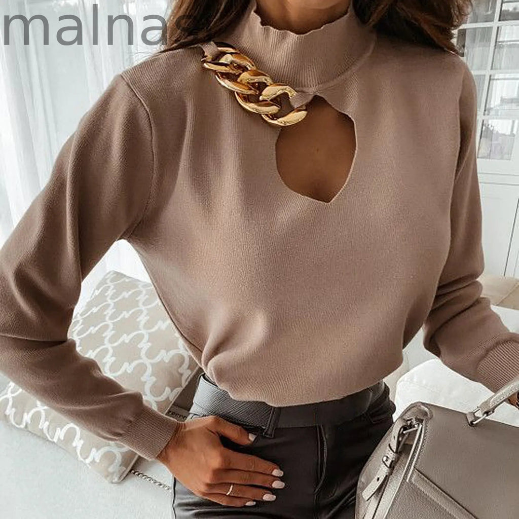 Sexy Top Cutout Chain Long Sleeve Turtleneck Elegant Knit Sweater