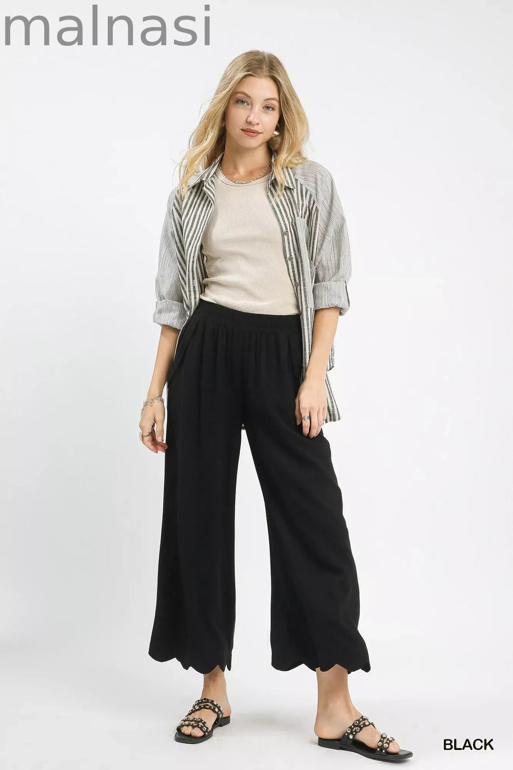 Linen Blend Scallop Hem Wide Leg Pants