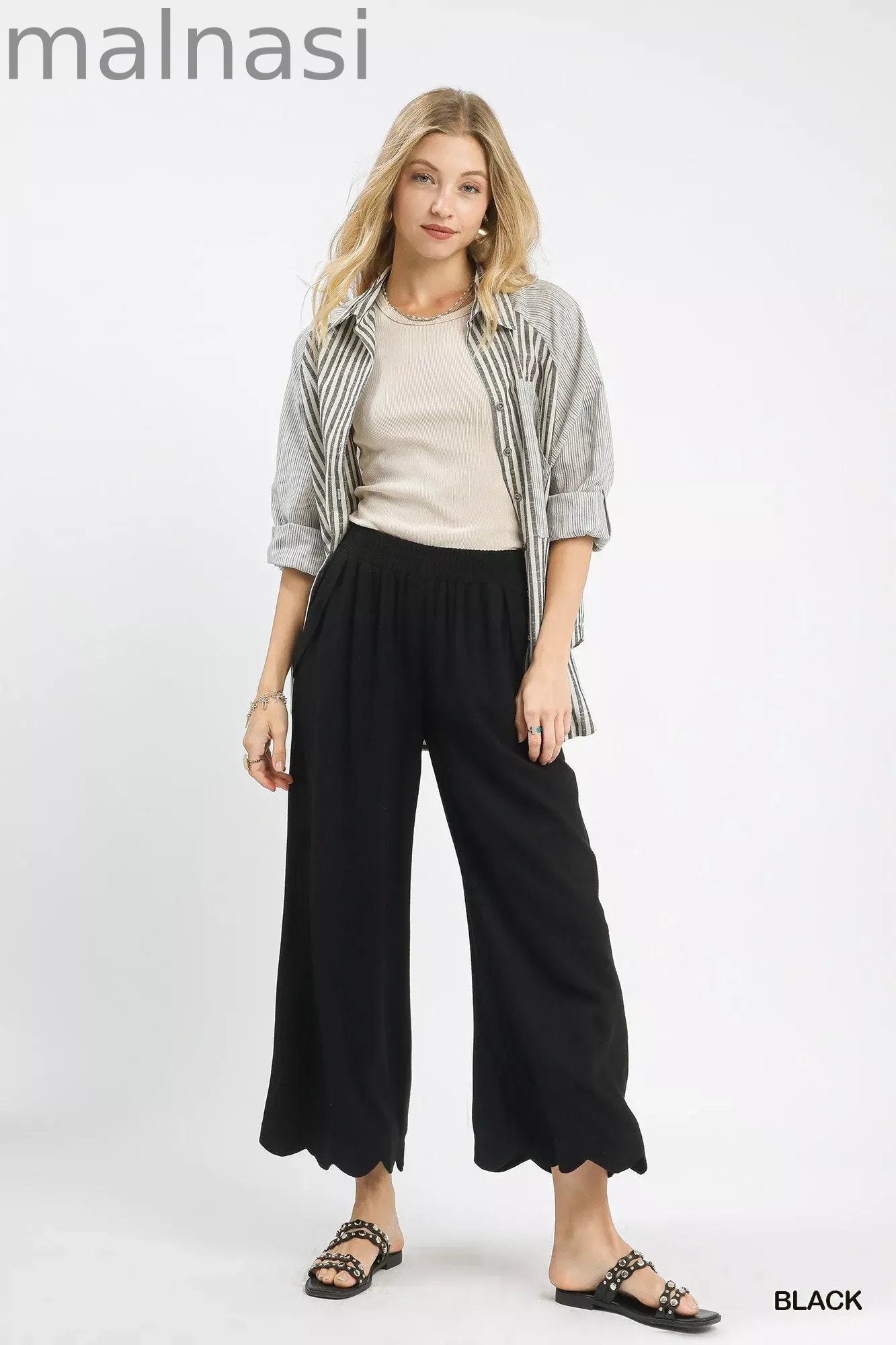 Linen Blend Scallop Hem Wide Leg Pants
