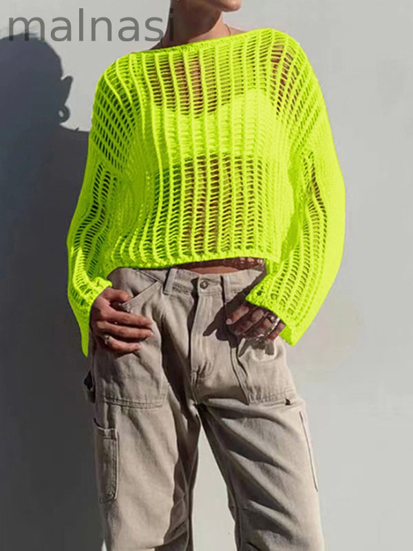 Long Sleeves Loose Hollow See-Through Solid Color Sun protection Round-neck Cover-Ups Tops Knitwear Pullovers