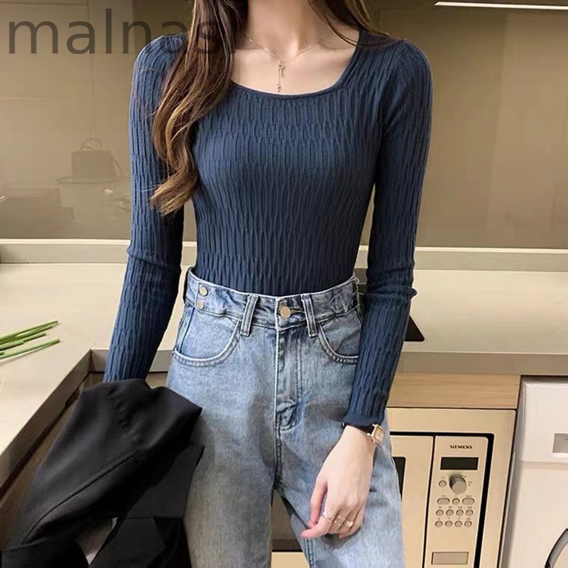 Fashion Knitted Bottoming Shirt Square Neck Long Sleeve Solid Color Top