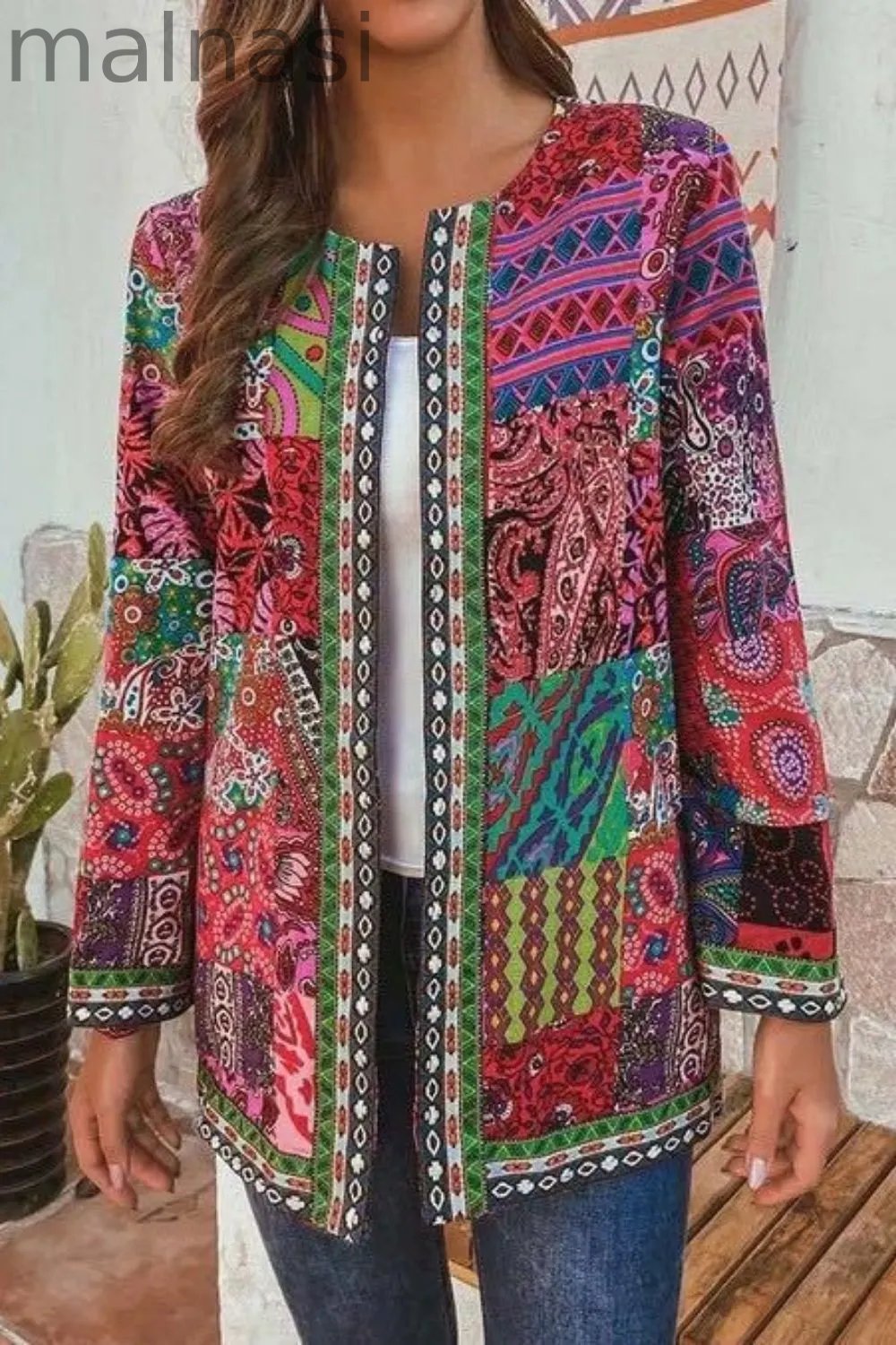 Women Chic Floral Print Long Sleeve Loose Jacket