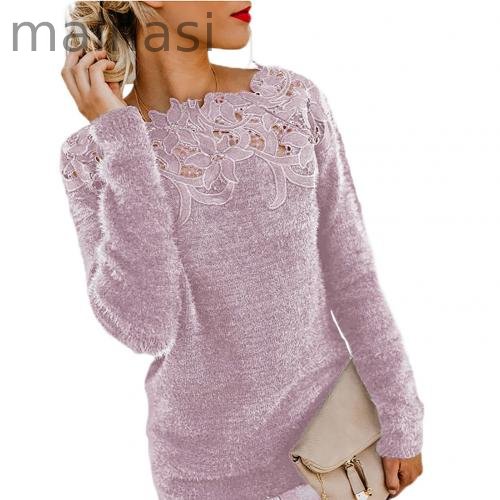 Loose Fashion Solid Color Long Sleeve O Neck Floral Lace Sweater