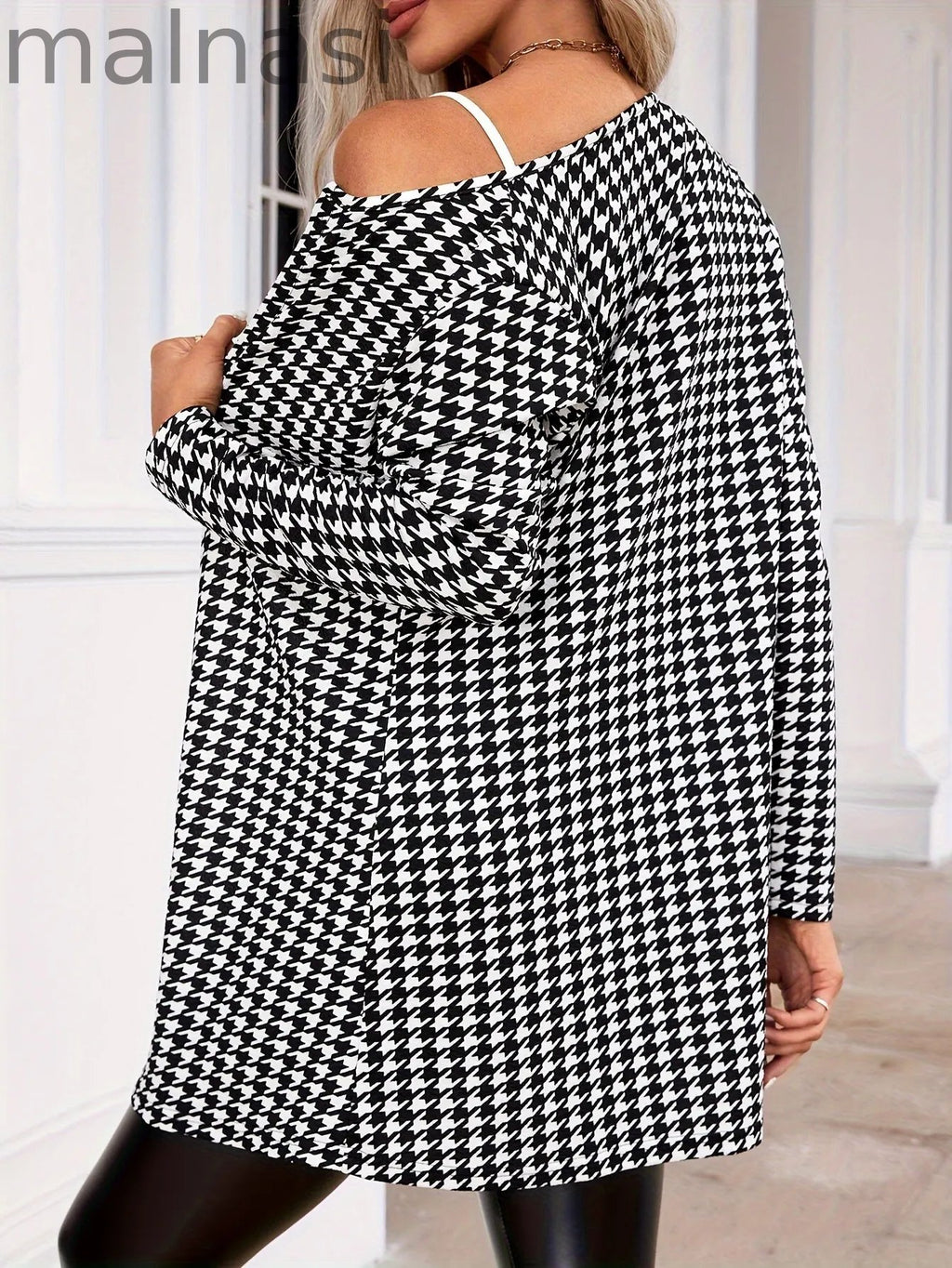 Stylish Crew Neck Long Sleeve Houndstooth Bomber Jacket
