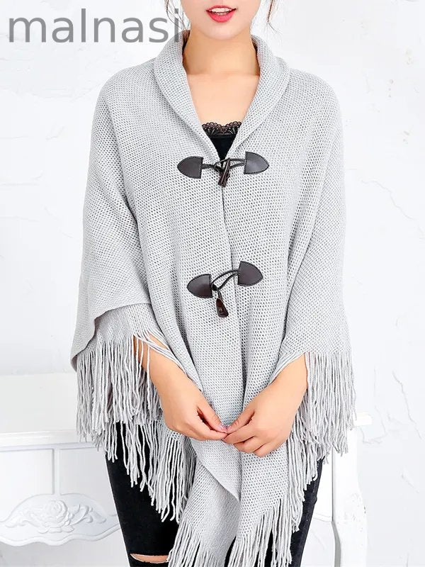 Loose Buttoned Keep Warm Tasseled Velvet Shawl&Scarf