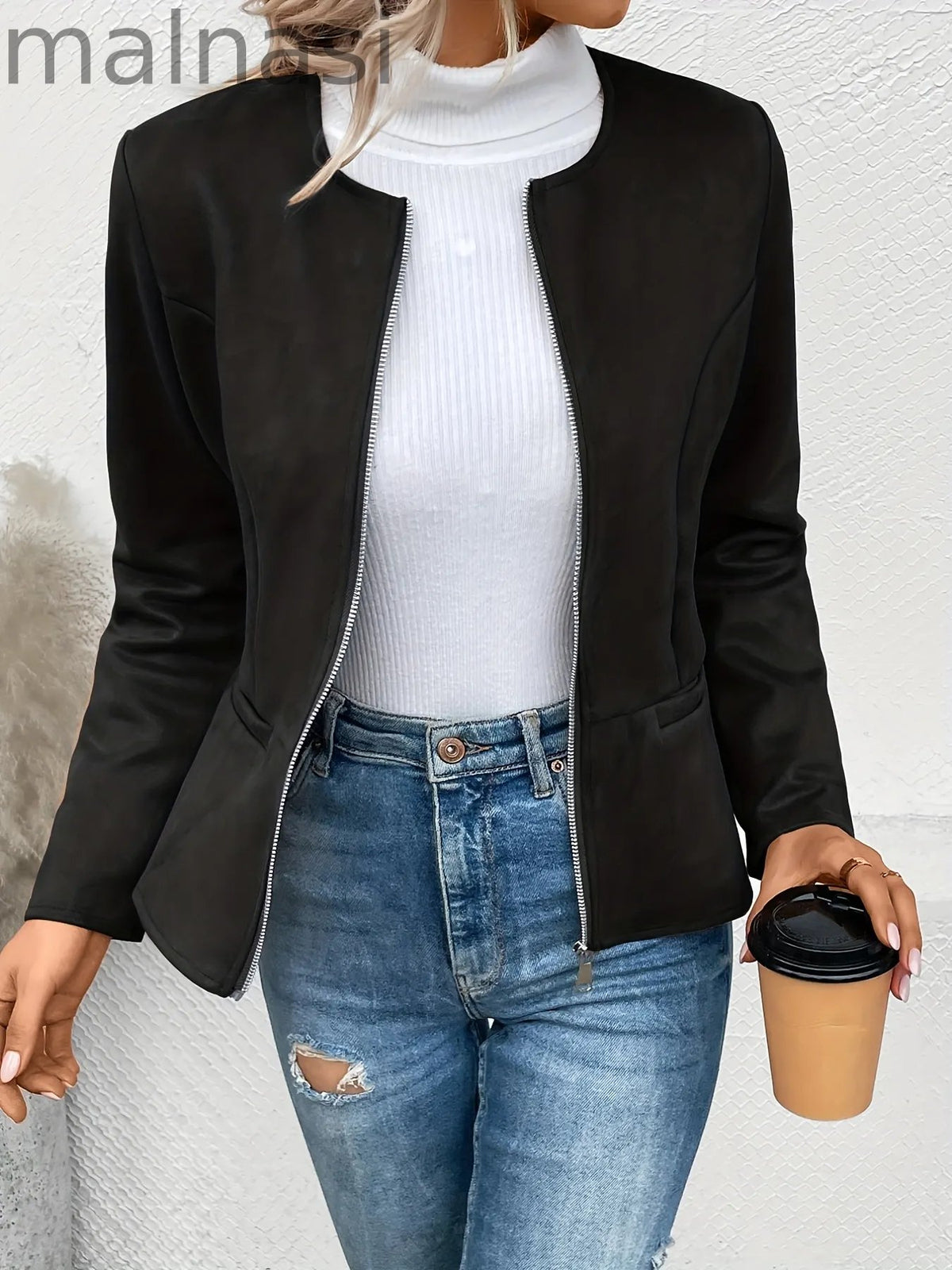 Solid Zip Up Jacket, Casual Long Sleeve Crew Neck Outerwear For Spring & Fall, Women's Clothing