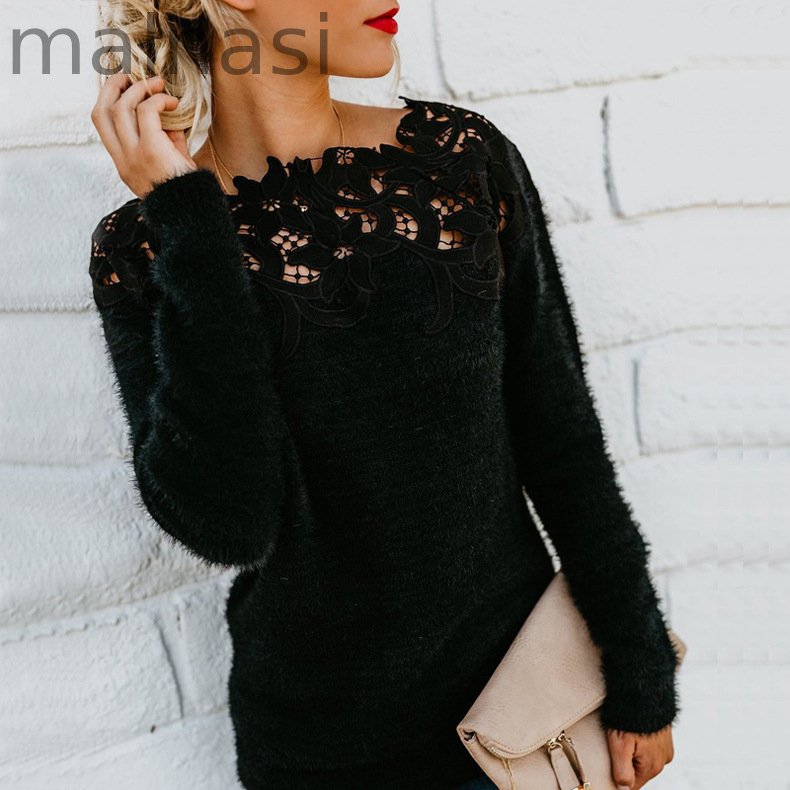 Loose Fashion Solid Color Long Sleeve O Neck Floral Lace Sweater