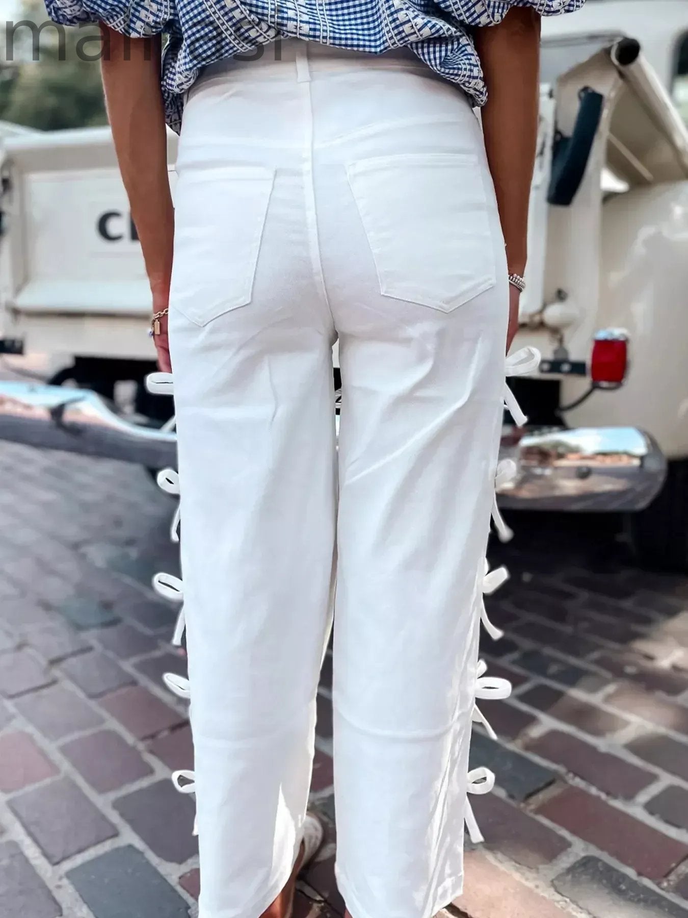 Bow-Accented Wide-Leg Pants