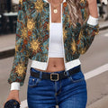 Sun Print Long Sleeve Jacket, Casual Full Zip Jacket For Spring & Fall, Women's Clothing