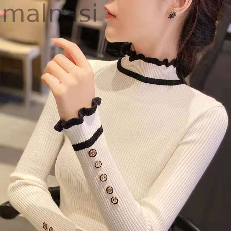 Sleek Button Ruffle Turtleneck Inside Slim Knit Sweaters