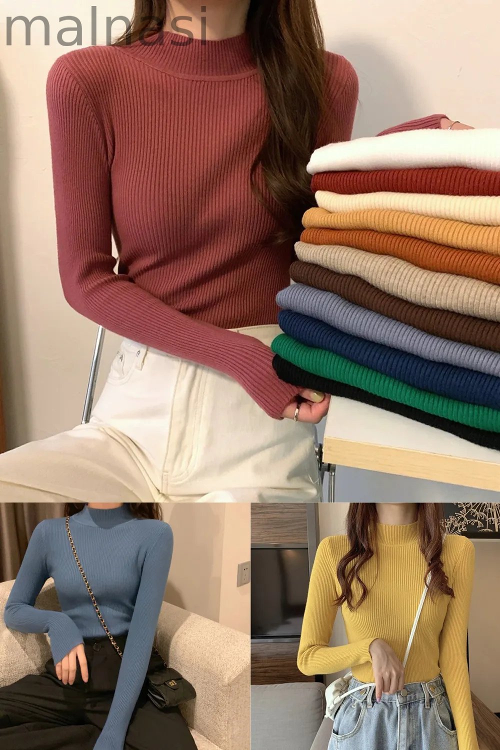 Fashion Long Sleeve Slim High Neck Solid Color Bottom Knit Sweater