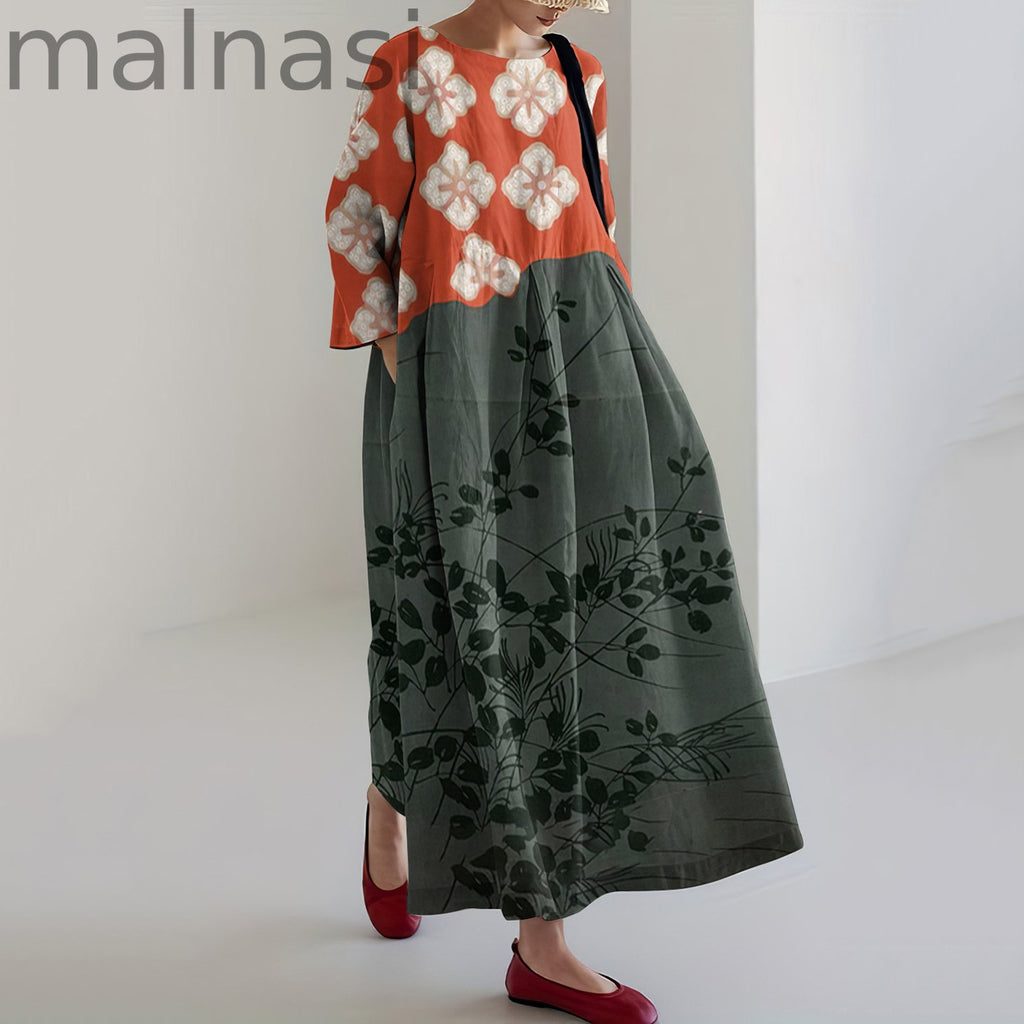 Japanese Art Flower Print Crew Neck Loose Midi Dress