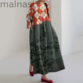 Japanese Art Flower Print Crew Neck Loose Midi Dress