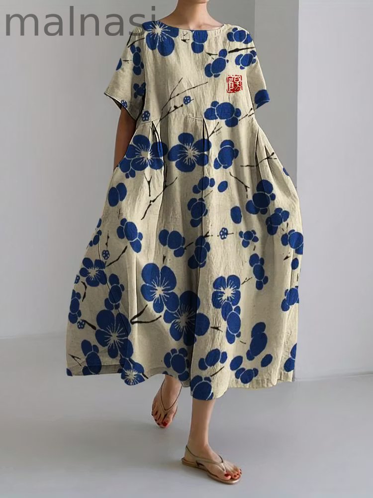 Cherry Blossom Japanese Lino Art Linen Blend Maxi Dress