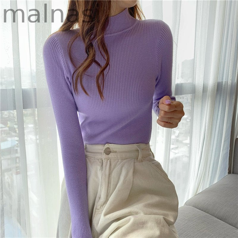 Fashion Long Sleeve Slim High Neck Solid Color Bottom Knit Sweater
