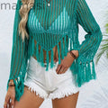 Crochet Cover Up Fringe Hem Top, Casual Beach Wear Long Sleeve Crop Sweater, Women's Clothing
