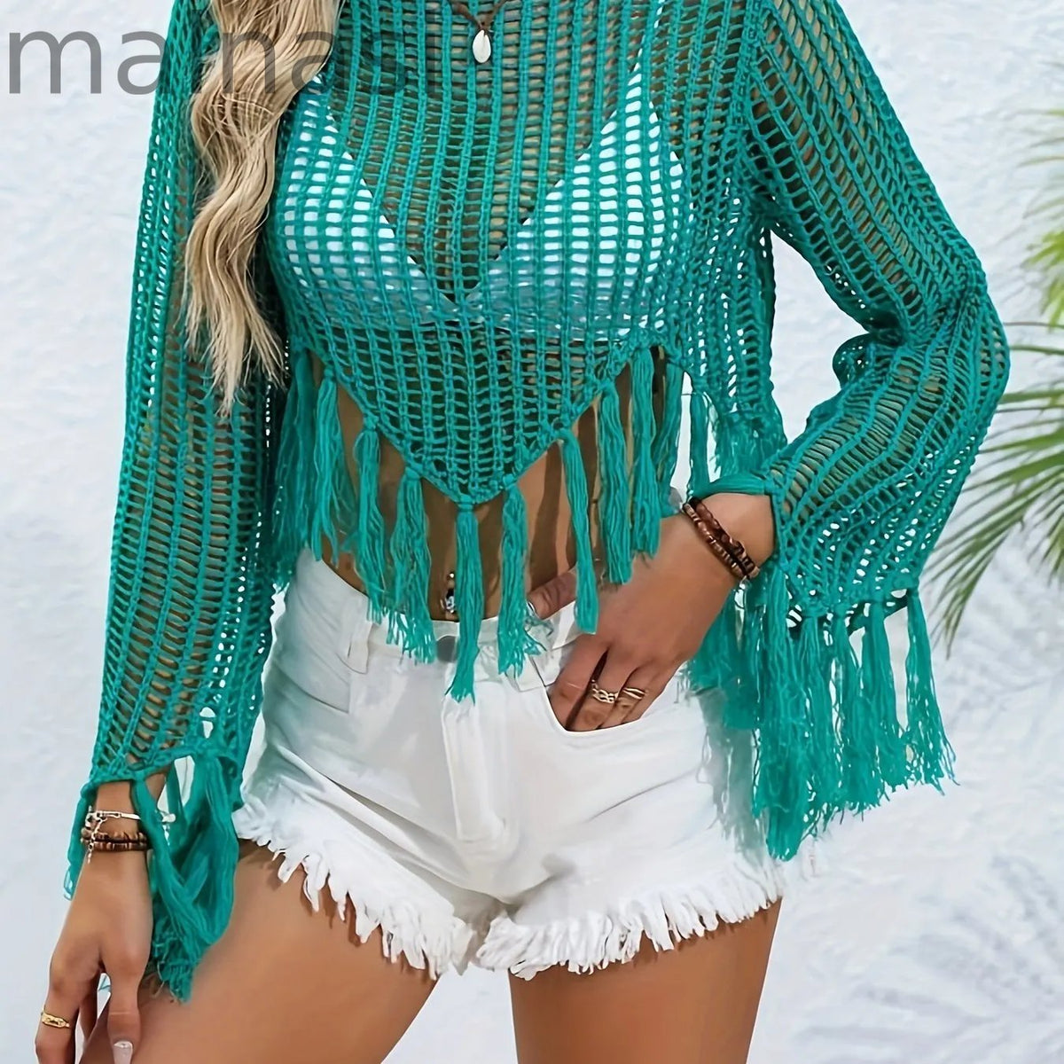 Crochet Cover Up Fringe Hem Top, Casual Beach Wear Long Sleeve Crop Sweater, Women's Clothing