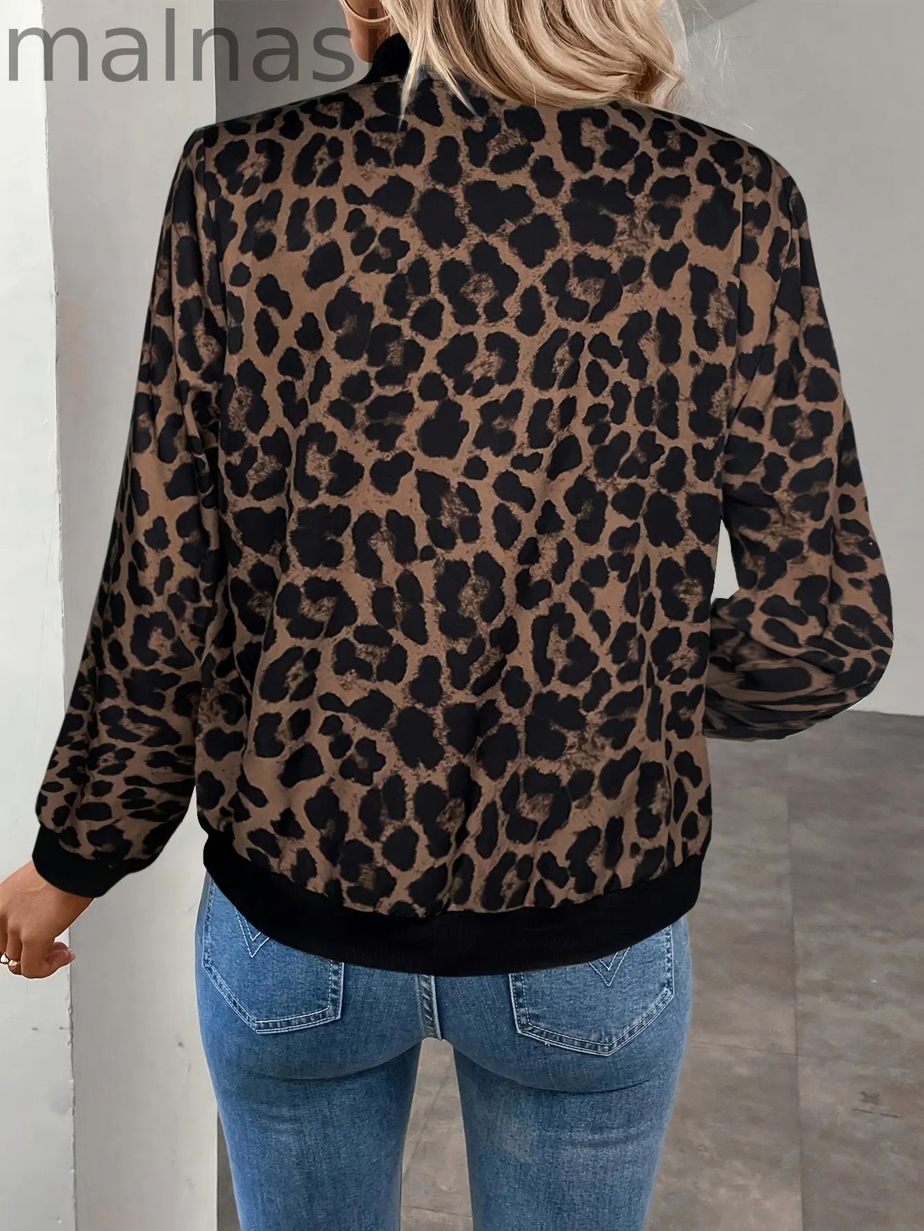 Women'S Elegant Leopard Print Zip-Up Casual Long Sleeve Jacket