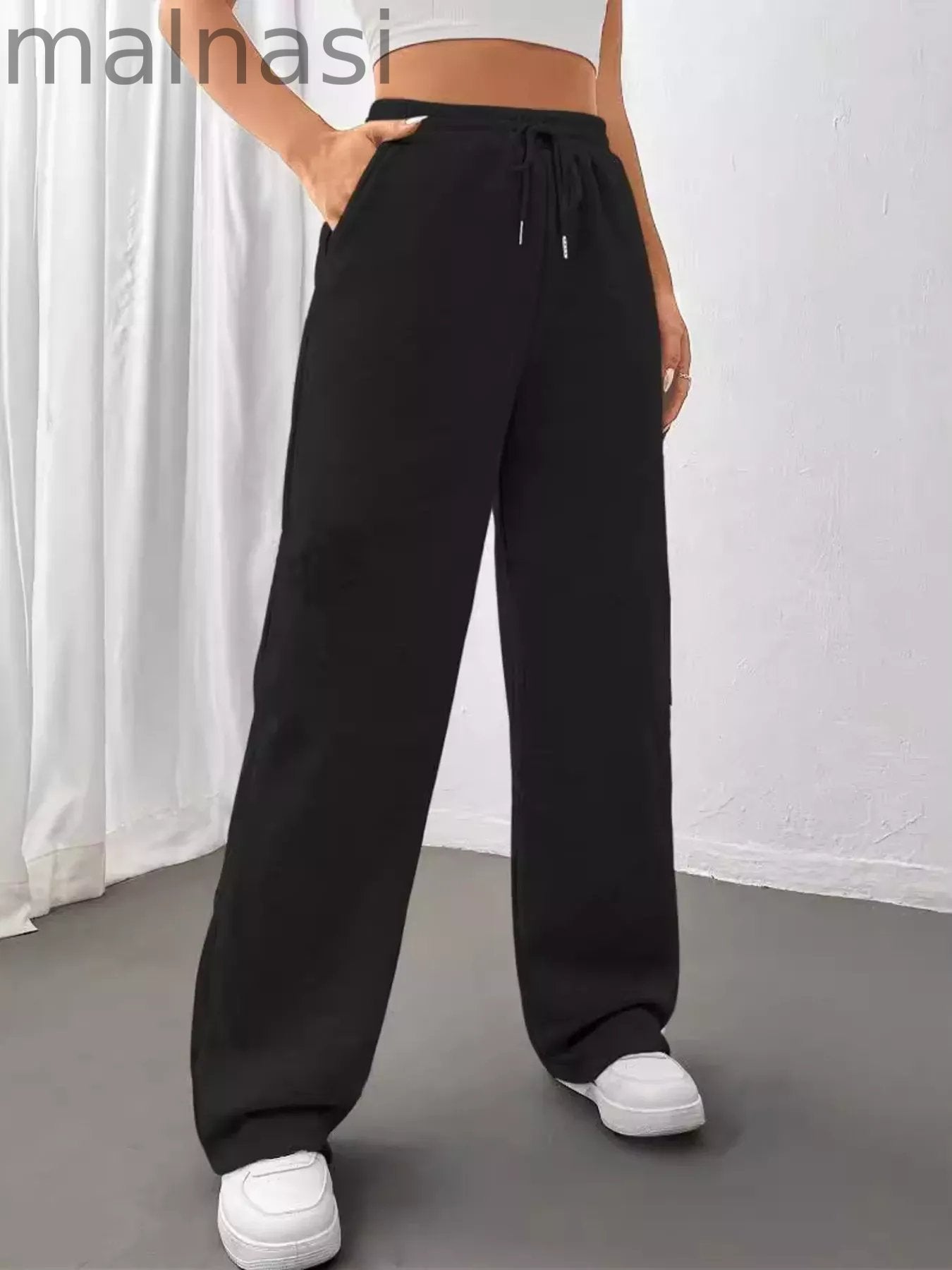Relaxed Fit Drawstring Waist Solid Pants