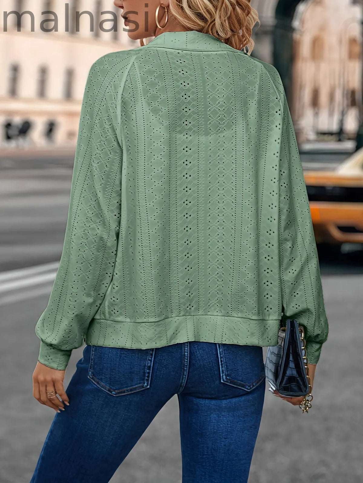 Eyelet Solid Zip Up Jacket, Casual Long Sleeve Comfy Outerwear, Women's Clothing